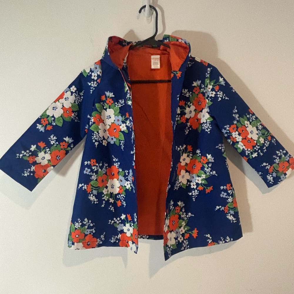 Gymboree Small 5-6 Floral Blue Raincoat Velcro Closure Hood Spring